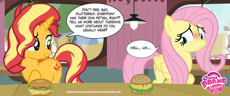 Size: 4236x1773 | Tagged: suggestive, derpibooru import, editor:wild stallions, fluttershy, sunset shimmer, pegasus, pony, unicorn, comic:the first incestuous foal of sunset shimmer, my little porno: friendship with benefits, advertisement, blushing, burger, duo, duo female, embarrassed, explicit source, female, food, hay burger, horn, image, mare, oat burger, oatburger, oats, patreon, patreon preview, png, preview, wavy mouth