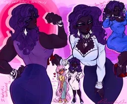 Size: 2048x1677 | Tagged: safe, artist:rare-apples, derpibooru import, fluttershy, rarity, human, blackwashing, blushing, clothes, dark skin, dress, ear piercing, earring, female, high heels, humanized, image, jewelry, muscles, muscular female, necklace, piercing, png, ripped rarity, shirt, shoes, skirt