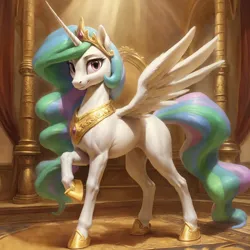 Size: 2048x2048 | Tagged: safe, ai content, derpibooru import, machine learning generated, prompter:jasedward, princess celestia, alicorn, pony, bust, image, palace, png, portrait, pose, raised leg, smiling, solo, spread wings, sunshine, wings