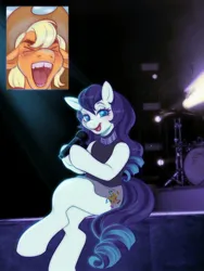Size: 1500x2000 | Tagged: safe, artist:pinxpony, derpibooru import, applejack, coloratura, earth pony, semi-anthro, bereal., blushing, clothes, drum kit, drums, eyes closed, image, jpeg, lights, meme, microphone, musical instrument, picture-in-picture, ponified meme, screaming, shirt, singing, sitting, skirt, stage