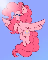 Size: 1444x1816 | Tagged: safe, artist:cutiesparke, derpibooru import, pinkie pie, pegasus, pony, :d, ^^, arm fluff, blue sky, chest fluff, ear fluff, eyes closed, female, flying, image, open mouth, open smile, pegasus pinkie pie, png, race swap, raised hoof, sky, smiling, solo, spread wings, wings