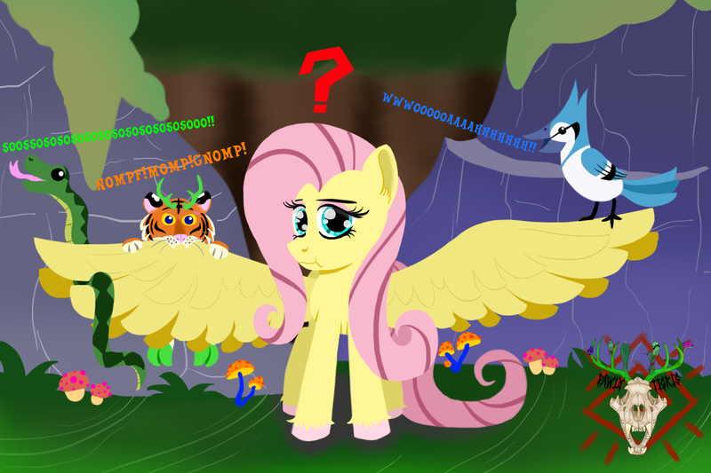 Size: 1200x800 | Tagged: safe, artist:thornygiggles, derpibooru import, fluttershy, big cat, bird, blue jay, pegasus, pony, snake, tiger, female, image, large wings, looking at you, mare, png, question mark, solo, spread wings, unshorn fetlocks, wings