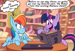 Size: 2102x1435 | Tagged: safe, artist:megadrivesonic, derpibooru import, rainbow dash, twilight sparkle, pegasus, pony, unicorn, :s, book, chess, clip studio paint, dialogue, digital art, duo, duo female, female, g4, golden oaks library, image, library, mare, nerd, open mouth, open smile, png, rulebook, shrunken pupils, signature, smiling, speech bubble, table, thought bubble, unicorn twilight, wavy mouth