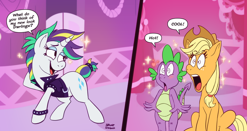Size: 3749x1984 | Tagged: safe, artist:megadrivesonic, derpibooru import, applejack, rarity, spike, dragon, earth pony, pony, unicorn, 2 panel comic, alternate hairstyle, arm behind head, blushing, carousel boutique, clip studio paint, clothes, comic, darling, dialogue, digital art, female, floating heart, g4, heart, high res, horn, image, jacket, jaw drop, male, mare, open mouth, open smile, png, punk, raripunk, shipping, shrunken pupils, smiling, sparity, sparkles, speech bubble, straight, tail, tail band, trio, trio male and female, wristband