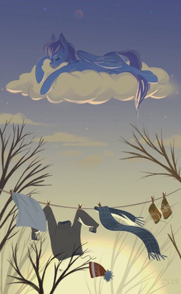 Size: 1263x2048 | Tagged: safe, artist:hichieca, derpibooru import, oc, unofficial characters only, pegasus, pony, clothes line, cloud, image, jpeg, on a cloud, pegasus oc, sleeping, sleeping on a cloud, solo, wings