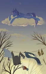 Size: 1263x2048 | Tagged: safe, artist:hichieca, derpibooru import, oc, unofficial characters only, pegasus, pony, clothes line, cloud, image, jpeg, on a cloud, pegasus oc, sleeping, sleeping on a cloud, solo, wings