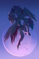 Size: 1369x2048 | Tagged: safe, artist:hichieca, derpibooru import, oc, unofficial characters only, pegasus, pony, commission, duo, image, jpeg, moon, pegasus oc, stars, wings, ych result