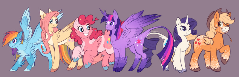 Size: 2048x662 | Tagged: safe, alternate version, artist:churrokat, derpibooru import, applejack, fluttershy, pinkie pie, rainbow dash, rarity, twilight sparkle, twilight sparkle (alicorn), alicorn, classical unicorn, earth pony, pegasus, pony, unicorn, alternate color palette, alternate design, alternate tailstyle, applejack's hat, applejacked, back fluff, blaze (coat marking), blonde mane, blonde tail, blue coat, blue eyes, body freckles, butt fluff, chest fluff, chubby, cloven hooves, coat markings, colored, colored belly, colored ears, colored eartips, colored hooves, colored horn, colored muzzle, colored wings, colored wingtips, cowboy hat, curly mane, curly tail, curved horn, determined look, eyelashes, facial markings, female, flat colors, fluffy, freckles, g4, gradient ears, gradient horn, gradient wings, green eyes, hat, height difference, horn, image, jpeg, jumping, large wings, leg fluff, leg freckles, leonine tail, long horn, long legs, long mane, long tail, looking down, mane six, mare, mealy mouth (coat marking), motion lines, multicolored hair, multicolored mane, multicolored tail, muscles, narrowed eyes, one eye closed, orange coat, pale belly, partially open wings, physique difference, pink coat, pink eyes, pink mane, pink tail, ponytail, purple background, purple coat, purple eyes, purple mane, purple tail, rainbow hair, rainbow tail, redesign, ringlets, signature, simple background, smiling, smoldash, socks (coat marking), sparkly mane, sparkly tail, sparkly wings, splotches, spread wings, standing, star (coat marking), straight mane, straight tail, straw in mouth, tail, tail fluff, tallershy, thin, thin legs, tied mane, tied tail, two toned wings, unicorn horn, unshorn fetlocks, wall of tags, wavy mane, wavy tail, white coat, wide stance, wing fluff, wingding eyes, wings, wink, yellow coat