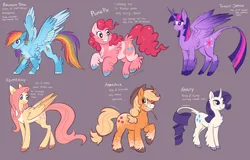Size: 2048x1307 | Tagged: safe, alternate version, artist:churrokat, derpibooru import, applejack, fluttershy, pinkie pie, rainbow dash, rarity, twilight sparkle, twilight sparkle (alicorn), alicorn, classical unicorn, earth pony, pegasus, pony, unicorn, alternate color palette, alternate design, alternate tailstyle, applejack's hat, applejacked, back fluff, blaze (coat marking), blonde mane, blonde tail, blue coat, blue eyes, body freckles, butt fluff, chest fluff, chubby, cloven hooves, coat markings, colored, colored belly, colored ears, colored eartips, colored hooves, colored horn, colored muzzle, colored wings, colored wingtips, cowboy hat, curly mane, curly tail, curved horn, determined look, eyelashes, facial markings, female, flat colors, fluffy, freckles, g4, gradient ears, gradient horn, gradient wings, green eyes, hat, headcanon, height difference, horn, image, jpeg, jumping, large wings, leg fluff, leg freckles, leonine tail, long horn, long legs, long mane, long tail, looking down, mane six, mare, mealy mouth (coat marking), motion lines, multicolored hair, multicolored mane, multicolored tail, muscles, narrowed eyes, one eye closed, orange coat, pale belly, partially open wings, physique difference, pink coat, pink eyes, pink mane, pink tail, ponytail, purple background, purple coat, purple eyes, purple mane, purple tail, rainbow hair, rainbow tail, redesign, ringlets, signature, simple background, smiling, smoldash, socks (coat marking), sparkly mane, sparkly tail, sparkly wings, splotches, spread wings, standing, star (coat marking), straight mane, straight tail, straw in mouth, tail, tail fluff, tallershy, text, thin, thin legs, tied mane, tied tail, two toned wings, unicorn horn, unshorn fetlocks, wall of tags, wavy mane, wavy tail, white coat, white text, wide stance, wing fluff, wingding eyes, wings, wink, yellow coat