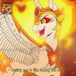 Size: 900x900 | Tagged: safe, artist:zeldaprincessgirl100, derpibooru import, daybreaker, alicorn, pony, concave belly, fangs, female, g4, image, mare, obtrusive watermark, open mouth, open smile, png, slender, smiling, solo, spread wings, subtitles, thin, tv rating, watermark, wings