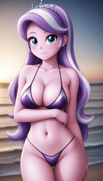 Size: 768x1344 | Tagged: suggestive, ai content, derpibooru import, editor:sammykun, machine learning generated, stable diffusion, diamond tiara, human, equestria girls, adorasexy, beach, belly button, bikini, breasts, busty diamond tiara, cleavage, clothes, cute, female, g4, generator:pony diffusion v6 xl, generator:purplesmart.ai, humanized, image, jewelry, jpeg, long hair, looking at you, ocean, older, older diamond tiara, prompter:sammykun, reasonably sized breasts, sexy, sky, smiling, solo, stupid sexy diamond tiara, swimsuit, tiara, water, wide hips