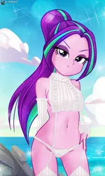 Size: 1467x2443 | Tagged: suggestive, artist:charliexe, aria blaze, equestria girls, beach, belly button, bikini, clothes, female, image, jpeg, ocean, panties, ponytail, pouting, rock, sexy, solo, solo female, swimsuit, underwear, white panties, white underwear