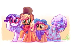 Size: 1900x1250 | Tagged: safe, artist:whitediamonds, derpibooru import, idw, applejack, babs seed, rarity, trixie, earth pony, pony, unicorn, spoiler:comic, spoiler:comic22, bandana, bonnet, clothes, costume, disguise, dress, facial hair, female, filly, floppy ears, foal, freckles, frown, g4, glasses, group, hat, horn, image, lesbian, mare, moustache, neckerchief, open mouth, png, quartet, raised hoof, rarijack, rarijack daily, scarf, shipping, signature, top hat, trixie is not amused, unamused, wig