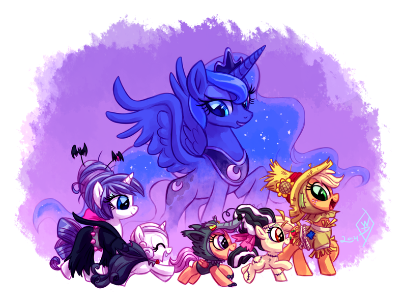 Size: 2050x1550 | Tagged: safe, artist:whitediamonds, derpibooru import, apple bloom, applejack, princess luna, rarity, scootaloo, sweetie belle, alicorn, earth pony, pegasus, pony, unicorn, vampire, werewolf, luna eclipsed, season 2, animal costume, apple sisters, belle sisters, bride of frankenstein, clothes, colored pupils, concave belly, costume, cute, cutie mark crusaders, elvira, eyes closed, female, filly, foal, frankenstein's monster, freckles, g4, group, halloween, holiday, horn, image, lesbian, lidded eyes, mare, nightmare night, nightmare night rarity, open mouth, open smile, png, profile, raised hoof, rarijack, rarijack daily, running, scarecrow, sextet, shipping, siblings, side view, signature, sisters, slender, smiling, spread wings, thin, tumblr, wings, wolf costume