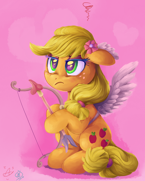 Size: 2400x3000 | Tagged: safe, artist:aquaticsun, artist:whitediamonds, derpibooru import, applejack, earth pony, pony, arrow, bow (weapon), bow and arrow, collaboration, cupid, fake wings, female, flower, flower in hair, freckles, frown, g4, hatless, heart arrow, high res, image, makeup, mare, missing accessory, png, signature, sitting, solo, unamused, weapon