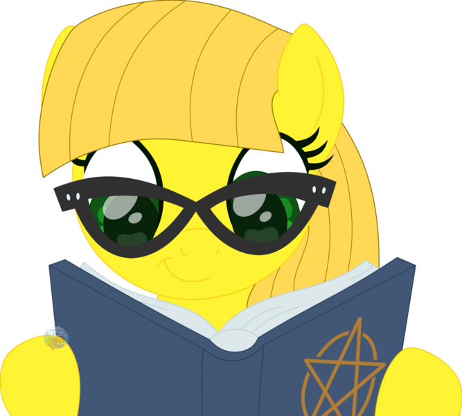 Size: 1682x1514 | Tagged: safe, artist:pure-blue-heart, derpibooru import, oc, oc:golden color, unofficial characters only, earth pony, pony, earth pony oc, female, female oc, glasses, green eyes, image, mare, mare oc, open book, pentagram, png, reading, simple background, transparent background, watermark