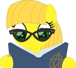 Size: 1682x1514 | Tagged: safe, artist:pure-blue-heart, derpibooru import, oc, oc:golden color, unofficial characters only, earth pony, pony, earth pony oc, female, female oc, glasses, green eyes, image, mare, mare oc, open book, pentagram, png, reading, simple background, transparent background, watermark