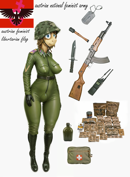 Size: 1765x2400 | Tagged: questionable, ai content, artist:juninhooficial, derpibooru import, machine learning assisted, anthro, earth pony, breasts, clothes, dog tags, erect nipples, feminazi, feminism, grenade, helmet camo, image, jumpsuit, knife, medkit, military pony, military uniform, nipple outline, photorealistic, png, realistic, sexy, skintight clothes, soldier, stahlhelm, uniform, uniform fetish, wandism, weapon