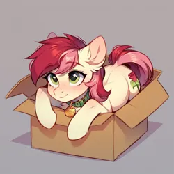 Size: 1024x1024 | Tagged: safe, ai content, derpibooru import, machine learning generated, prompter:doom9454, stable diffusion, roseluck, earth pony, pony, behaving like a cat, box, collar, cute, fluffy, g4, generator:pony diffusion v6 xl, image, jpeg, pet tag, pony in a box, pony pet, rosepet