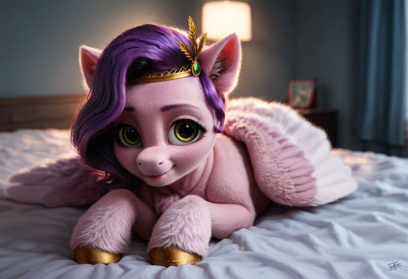 Size: 1216x832 | Tagged: safe, ai content, derpibooru import, machine learning generated, prompter:kluknawa235, stable diffusion, pipp petals, pegasus, pony, g5, adorapipp, bed, chest fluff, cute, ear fluff, fluffy, generator:pony diffusion v6 xl, image, indoors, jpeg, lamp, looking at you, lying, lying down, on bed, prone, realistic, smiling, solo