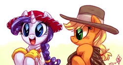 Size: 1500x800 | Tagged: safe, artist:whitediamonds, derpibooru import, applejack, rarity, earth pony, pony, unicorn, alternate hairstyle, braid, braided ponytail, clothes, cute, disney, duo, duo female, female, freckles, g4, hat, horn, image, jackabetes, jessie (toy story), lesbian, looking at someone, mare, open mouth, open smile, pixar, png, ponytail, profile, raribetes, rarijack, rarijack daily, shipping, signature, simple background, smiling, the man with no name, toy story, toy story 2, white background
