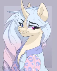 Size: 2000x2500 | Tagged: safe, artist:skyboundsiren, derpibooru import, oc, oc:zoe, unofficial characters only, pony, unicorn, bust, clothes, curved horn, eye clipping through hair, female, gradient background, gradient mane, horn, image, jacket, mare, png, portrait, raffle prize, sketch, smiling, solo