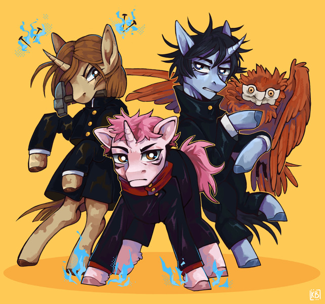 Size: 2048x1912 | Tagged: safe, artist:karamboll, derpibooru import, ponified, bird, pony, unicorn, anime, clothes, crossover, female, group, horn, image, jpeg, jujutsu kaisen, looking at you, magic, male, megumi fushiguro, nobara kugisaki, standing, yuuji itadori