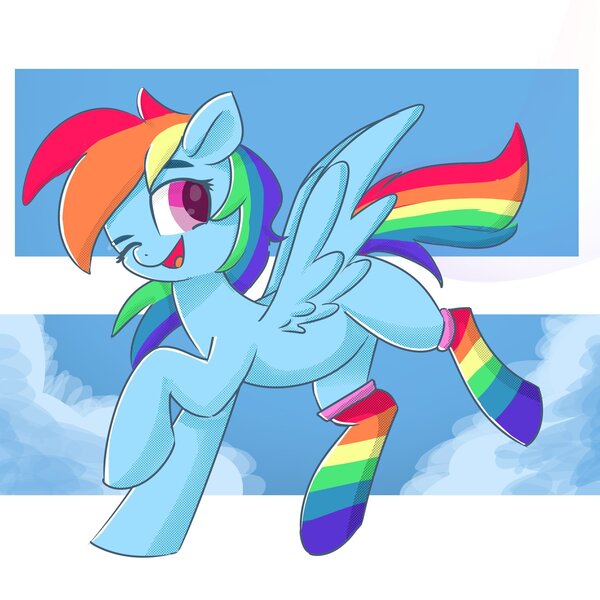 Size: 1855x1855 | Tagged: safe, artist:skylinepony_, derpibooru import, rainbow dash, pegasus, pony, clothes, female, g4, image, jpeg, mare, one eye closed, open mouth, open smile, rainbow socks, smiling, socks, solo, striped socks, wink