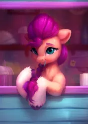 Size: 2101x2971 | Tagged: safe, artist:itssim, derpibooru import, sunny starscout, earth pony, pony, g5, depth of field, dexterous hooves, drink, eyebrows, female, image, lacrimal caruncle, looking at you, mare, mouth hold, png, smoothie, solo, unshorn fetlocks, watermark