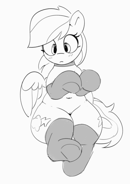 Size: 2449x3446 | Tagged: safe, artist:pabbley, derpibooru import, rainbow dash, pegasus, pony, belly button, black and white, blush lines, blushing, choker, chubby, clothes, cute, dashabetes, female, g4, grayscale, image, mare, monochrome, png, simple background, sitting, socks, solo, stockings, thigh highs, thighs, thunder thighs, underhoof, white background, wide hips