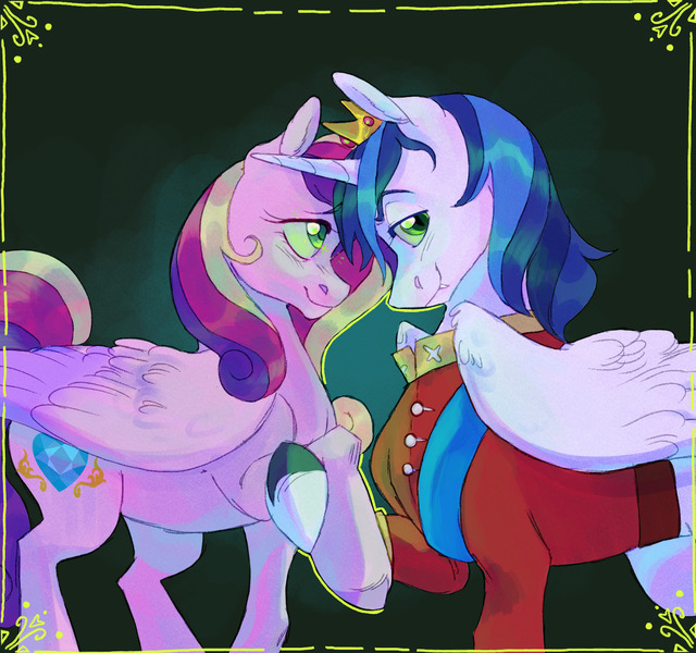 Size: 1600x1500 | Tagged: safe, artist:abbytabbys, derpibooru import, princess cadance, queen chrysalis, shining armor, alicorn, pegasus, pony, a canterlot wedding, abstract background, alicornified, alternate universe, blue mane, blushing, border, clothes, colored eyebrows, colored hooves, colored wings, colored wingtips, crown, curly mane, curly tail, disguise, disguised changeling, ear fluff, eyelashes, fake cadance, fangs, female, filigree, folded wings, g4, holding hoof, horn, hypnosis, hypnotized, image, jewelry, jpeg, large wings, lidded eyes, long mane, looking at someone, looking back, male, mare, multicolored mane, multicolored tail, pegasus cadance, pink coat, profile, race swap, raised hoof, regalia, role reversal, shiningcorn, shiny eyes, shiny tail, ship:shiningcadance, shipping, smiling, stallion, standing, straight, tail, tiara, two toned mane, two toned wings, unicorn horn, uniform, unshorn fetlocks, white coat, wing fluff, wingding eyes, wings