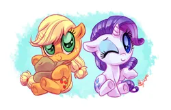 Size: 1400x900 | Tagged: safe, artist:whitediamonds, derpibooru import, applejack, rarity, earth pony, pony, unicorn, applejack's hat, chibi, cowboy hat, cute, duo, duo female, eyebrows, eyeshadow, female, filly, filly applejack, filly rarity, floppy ears, foal, freckles, g4, hat, horn, image, jackabetes, lesbian, looking at you, makeup, one eye closed, png, raribetes, rarijack, rarijack daily, shipping, signature, sitting, smiling, smiling at you, tail, underhoof, wink, winking at you, younger