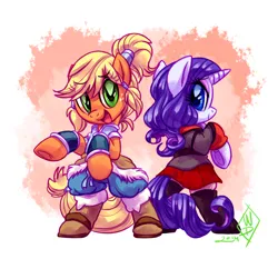 Size: 1450x1350 | Tagged: safe, artist:whitediamonds, derpibooru import, applejack, rarity, earth pony, pony, unicorn, alternate hairstyle, asami sato, bipedal, clothes, cosplay, costume, crossover, duo, duo female, eyebrows, eyebrows visible through hair, female, freckles, g4, hatless, horn, image, korra, korrasami, lesbian, looking at you, looking back, looking back at you, mare, missing accessory, open mouth, open smile, parody, png, rarijack, rarijack daily, rearing, shipping, signature, smiling, smiling at you, tail, the legend of korra, underhoof