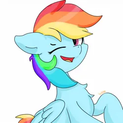 Size: 1280x1280 | Tagged: safe, artist:skylinepony_, derpibooru import, rainbow dash, pegasus, pony, female, g4, image, jpeg, looking at you, mare, one eye closed, open mouth, open smile, simple background, smiling, solo, white background, wink, winking at you