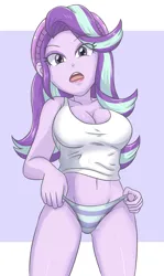 Size: 1975x3307 | Tagged: suggestive, artist:sumin6301, derpibooru import, starlight glimmer, human, equestria girls, beanie, belly, breasts, busty starlight glimmer, cleavage, clothes, comment in description, eyebrows, eyebrows visible through hair, eyelashes, eyeshadow, female, g4, hand on hip, hat, high res, image, jpeg, looking at you, makeup, open mouth, panties, panty pull, pulling, simple background, socks, solo, solo female, striped hair, striped panties, striped underwear, teeth, thigh highs, thighs, tongue out, underwear, underwear pull