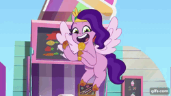 Size: 640x360 | Tagged: safe, derpibooru import, screencap, pipp petals, pegasus, pony, g5, my little pony: tell your tale, spoiler:g5, spoiler:my little pony: tell your tale, spoiler:tyts01e21, animated, female, flying, gif, gifs.com, image, mare, microphone, my bananas, solo