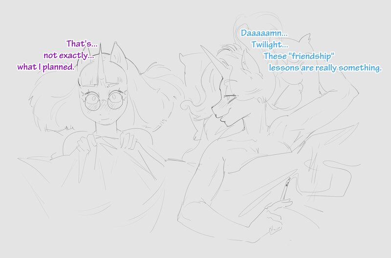 Size: 2500x1654 | Tagged: suggestive, artist:fugaamr, derpibooru import, trixie, twilight sparkle, anthro, pony, unicorn, aftersex, bed, blush lines, blushing, breasts, cigarette, cleavage, dialogue, duo, duo female, female, g4, glasses, grayscale, horn, image, jpeg, lesbian, looking at you, mare, monochrome, on bed, overhead view, partial color, round glasses, sheet grab, ship:twixie, shipping, smoking, staring at you