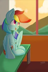 Size: 800x1200 | Tagged: safe, artist:skylinepony_, derpibooru import, rainbow dash, pegasus, pony, bench, book, female, g4, image, jpeg, mare, mouth hold, pencil in mouth, sitting, solo, window