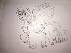 Size: 1500x1125 | Tagged: safe, artist:cluterdrop, derpibooru import, twilight sparkle, twilight sparkle (alicorn), alicorn, pony, chest fluff, cloven hooves, eyebrows, eyebrows visible through hair, female, g4, grayscale, image, jpeg, lidded eyes, mare, monochrome, pencil drawing, signature, solo, spread wings, standing on two hooves, traditional art, unshorn fetlocks, wings