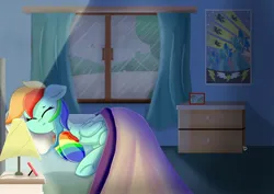 Size: 1199x848 | Tagged: safe, artist:skylinepony_, derpibooru import, rainbow dash, pegasus, pony, bed, bedroom, blanket, clothes, curtains, drawer, eyes closed, female, folded wings, g4, image, indoors, jpeg, lamp, laying on bed, lying down, mare, nightstand, on bed, picture frame, pillow, rain, rainbow socks, sleeping, socks, solo, striped socks, underhoof, window, wings, wonderbolts poster