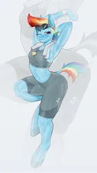 Size: 1674x3000 | Tagged: safe, artist:fugaamr, derpibooru import, rainbow dash, anthro, pegasus, pony, unguligrade anthro, arm behind head, armpits, belly button, breasts, clothes, compression shorts, cutie mark accessory, cutie mark necklace, dock, female, g4, goggles, goggles on head, image, jewelry, jpeg, mare, midriff, necklace, one eye closed, reasonably sized breasts, smiling, solo, standing, standing on one leg, stretching, tail, unshorn fetlocks, wingless, wingless anthro, zoom layer
