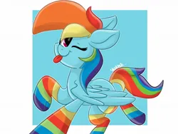Size: 1600x1200 | Tagged: safe, artist:skylinepony_, derpibooru import, rainbow dash, pegasus, pony, ;p, clothes, female, g4, image, jpeg, looking at you, mare, one eye closed, passepartout, rainbow socks, signature, smiling, smiling at you, socks, solo, striped socks, tail, tongue out, wings, wink, winking at you