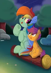 Size: 2896x4096 | Tagged: safe, artist:skylinepony_, derpibooru import, rainbow dash, scootaloo, pegasus, pony, blank flank, duo, duo female, female, filly, foal, folded wings, forest, g4, grass, image, jpeg, log, looking at each other, looking at someone, mare, nature, night, night sky, open mouth, open smile, outdoors, siblings, sisters, sitting, sky, smiling, smiling at each other, stars, tree, underhoof, wings