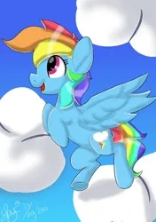 Size: 480x680 | Tagged: safe, artist:skylinepony_, derpibooru import, rainbow dash, pegasus, pony, cloud, female, flying, g4, image, mare, open mouth, open smile, png, smiling, solo, spread wings, wings