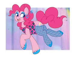 Size: 1055x821 | Tagged: safe, artist:lulubell, derpibooru import, pinkie pie, earth pony, pony, 80's fashion, abstract background, blushing, clothes, eyeshadow, female, fishnet clothing, fishnets, g4, image, jewelry, makeup, mare, open mouth, open smile, piercing, png, raised hoof, smiling, socks, solo, stockings, thigh highs, unshorn fetlocks