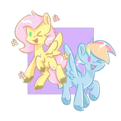 Size: 542x539 | Tagged: safe, artist:skylinepony_, derpibooru import, fluttershy, rainbow dash, pegasus, pony, blush lines, blushing, duo, duo female, female, g4, image, mare, one eye closed, open mouth, open smile, passepartout, png, smiling, spread wings, wings, wink