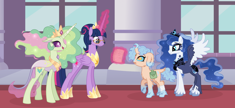 Size: 4949x2285 | Tagged: safe, artist:xxcheerupxxx, derpibooru import, princess twilight 2.0, twilight sparkle, twilight sparkle (alicorn), oc, oc:gloriax, oc:moon dusk, oc:opal quartz, alicorn, changepony, hybrid, pony, the last problem, concave belly, height difference, image, interspecies offspring, magic, offspring, older, older twilight, older twilight sparkle (alicorn), parent:night guard, parent:princess celestia, parent:princess luna, parent:thorax, parents:guardluna, parents:thoralestia, png, slender, tall, thin