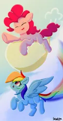Size: 720x1380 | Tagged: safe, artist:skylinepony_, derpibooru import, pinkie pie, rainbow dash, earth pony, pegasus, pony, balloon, balloon riding, cloud, duo, duo female, eyes closed, female, floating, flying, g4, image, jpeg, looking up, mare, open mouth, open smile, outdoors, rainbow trail, signature, sky, smiling, spread wings, tail, then watch her balloons lift her up to the sky, underhoof, wings