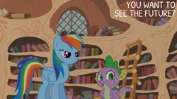 Size: 2000x1125 | Tagged: safe, derpibooru import, edit, edited screencap, editor:quoterific, screencap, rainbow dash, spike, it's about time, duo, duo male and female, female, g4, golden oaks library, image, ladder, library, male, png