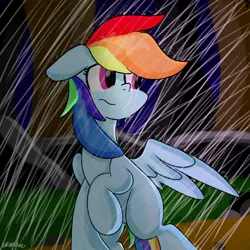 Size: 1280x1280 | Tagged: safe, artist:skylinepony_, derpibooru import, rainbow dash, pegasus, pony, crying, female, floppy ears, frown, g4, image, implied twilight sparkle, jpeg, mare, rain, raised hoof, solo, spread wings, wet, wings
